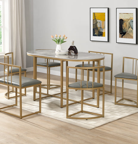 Madrid Modern 6-Seater Dining Table Set With 6 Chairs  – Stone Top with Elegant Metal Frame
