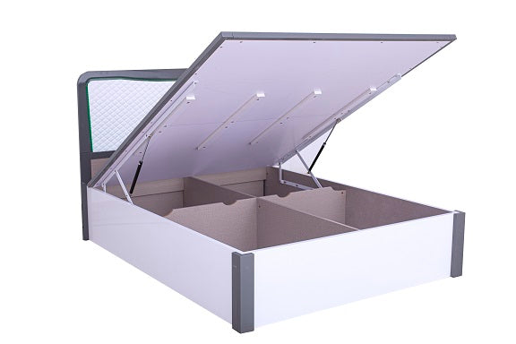 7 STAR LED White-grey Nick Bed High Gloss Luxury With Storage Ottoman Bed in Double and King size Dresser Bedside Avaialble